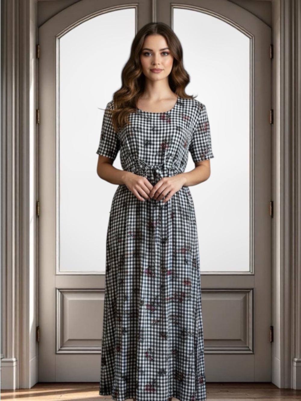 Vintage Black & White Gingham Maxi Dress with Floral Accents